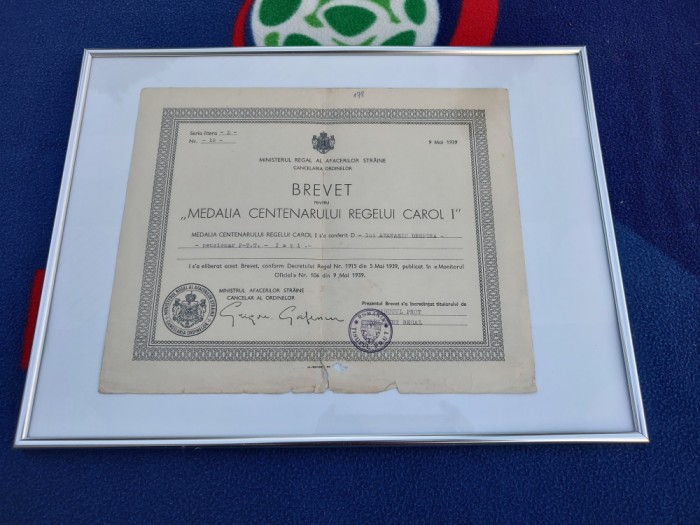 Regalitate ,BREVET CENTENARUL REGELUI CAROL I ,EXCEPTIONAL