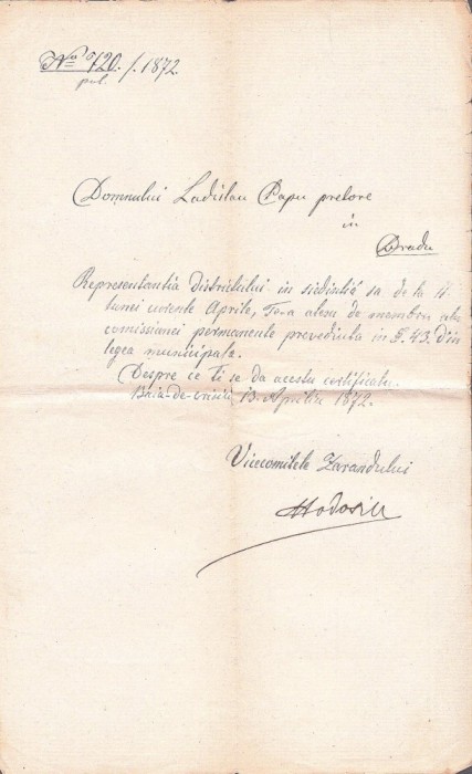 A3853N Certificat de membru &icirc;n comisia permanentă comitatensă a Zarandului semnat olograf de Iosif Hodoș, 1872, Baia de Criș