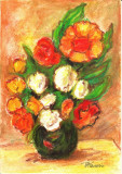 E107. Tablou, reinterpretare dupa Tonitza, acuarela, neinramat, 21x29 cm, Flori, Impresionism
