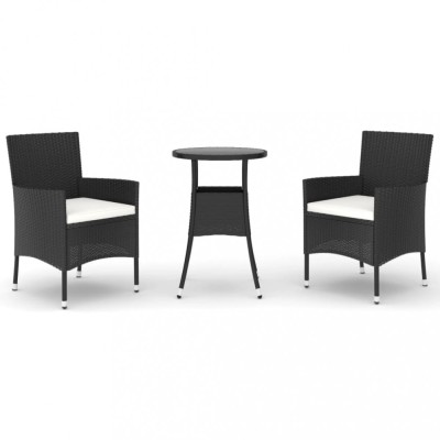 Set bistro de gradina cu perne, 3 piese, negru, poliratan foto