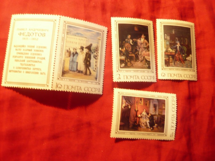 Serie mica URSS 1976 - Pictura Pavel Fedotov , 4 valori , 1 vigneta