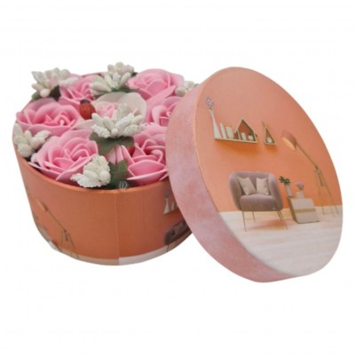 Aranjament floral 7 trandafiri cutie rotunda, flori de sapun, rosu, 11x9x6 cm foto