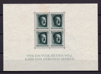 ✅ (S38) Germania Reich 1937 &amp;quot; Aniversare Adolf Hitler-48 de ani&amp;quot; serie Mi.646 in bloc/colita 7 ,cute la colturi/mici pete - vezi foto , cota 70 Є MNH foto
