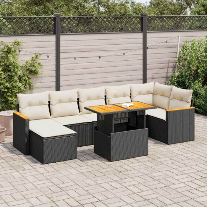 vidaXL Set mobilier grădină perne 8 piese negru, poliratan/lemn acacia 3327514