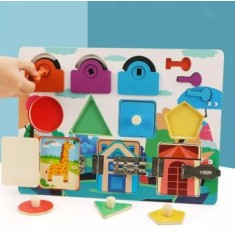 Placă senzorială din lemn cu puzzle și &icirc;ncuietori