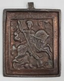 Sfantul Gheorghe Ucigand Balaurul, Icoana de calatorie din bronz, Rusia, Sec. XIX