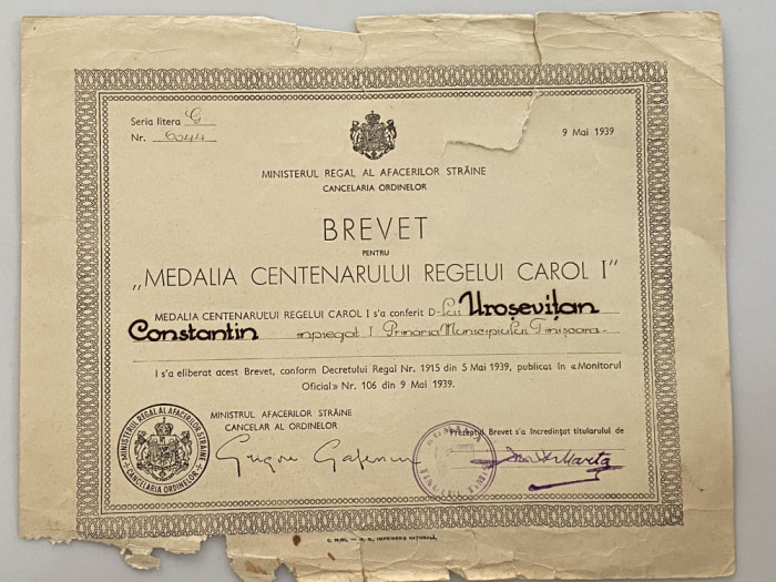 Brevet pentru &quot;Medalia Centenarului Regelui Carol I&quot; 1939