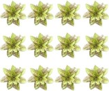 Set de 12 flori de Craciun Anyingkai, plastic, verde/auriu, 14 cm