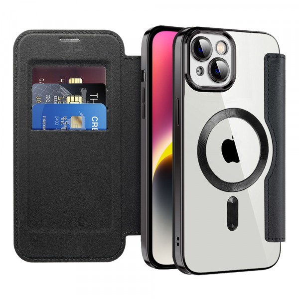 Husa MagSafe pentru Apple iPhone 14 Plus, Techsuit, SmartMag Book, Neagra