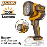 Lanterna LED portabila Ingco CWLI2088, 20V, 22.5W, 2000 lumeni, cap reglabil 130&deg;, IP20, 24.2x13.5x13.5 cm