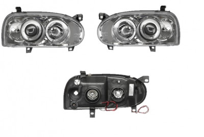 Set faruri tuning VW GOLF 3, 08.1991-04.1999, Taiwan, partea stanga+dreapta, cu lumina parcare fibra optica;tip bec H1+H1; manual/electric; transpare foto