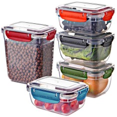 Set 5 Cutii Alimente Master cu Capace Colorate inchise Etans (2x800 ml, 2x1000 ml, 1x2100 ml)