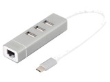 Hub USB 2.0 DIGITUS cu 3 porturi USB A, 1 port RJ45 și USB C, gri, PnP