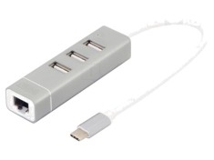 Hub USB 2.0 DIGITUS cu 3 porturi USB A, 1 port RJ45 și USB C, gri, PnP