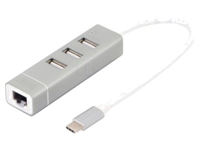 Hub USB 2.0 DIGITUS cu 3 porturi USB A, 1 port RJ45 și USB C, gri, PnP foto