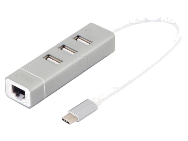 Hub USB 2.0 DIGITUS cu 3 porturi USB A, 1 port RJ45 și USB C, gri, PnP