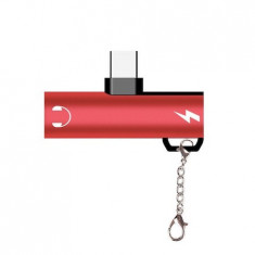 Adaptor 2in1, 2x USB C - Jack 3.5 mm cu breloc de prindere - Rosu