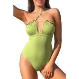 Costum de baie monokini pentru femei cu căptușeală, adunat, cu spate ad&acirc;nc și reglabil &ndash; Verde M