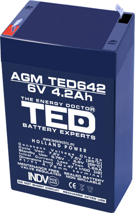 Acumulator AGM VRLA 6V 4.2Ah plumb acid 70x47x100 mm F1 terminal TED Battery Expert Holland