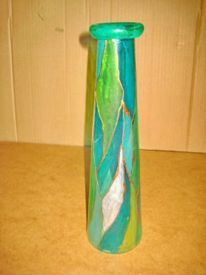 B989-Vaza stil ART DECO veche cu insertie cupru verde cu alb manual executata. foto