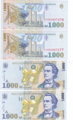 Romania 1 000 1000 Lei 1998 P-106 UNC Mihai Eminescu,x2 SERIE CONSECUTIVA foto