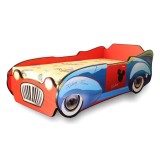 Pat pentru copii Mickey Car, Pal melaminat, margini rotunjite PVC, 2-8 ani, 150x74x50 cm, rosu albastru