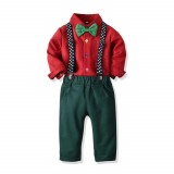 Costum elegant pentru baietei cu camasuta visinie si papion verde (Marime, Superbaby