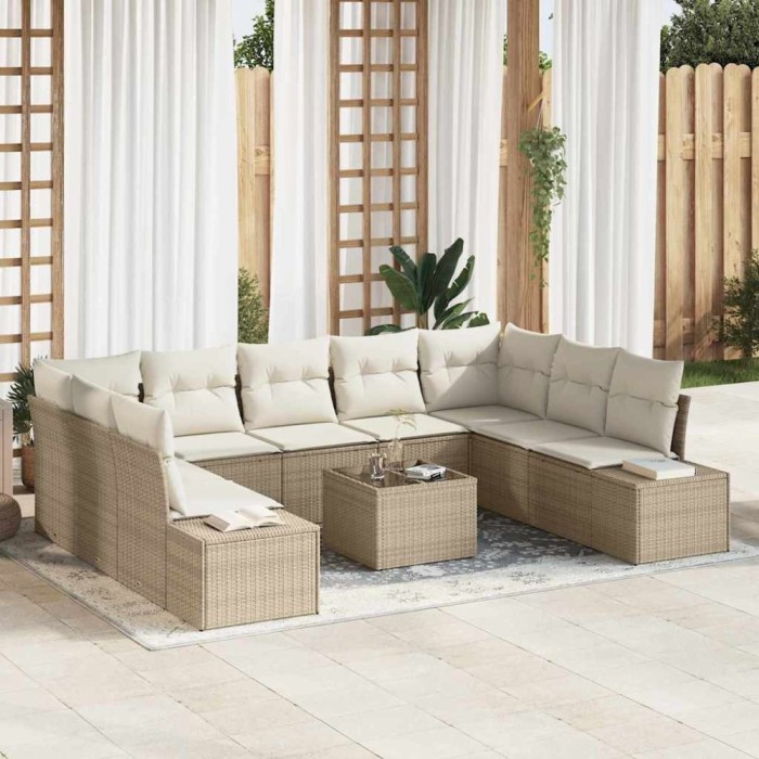 vidaXL Set de canapele pentru grădină cu pernă 10 pcs Bej Rattan poli 3347231