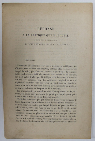 REPONSE A LA CRTIQUE QUE M. GOUPIL A FAITE DE MON OUVRAGE ...par PRINCE GRIGORI STOURDZA , IASI , 1892