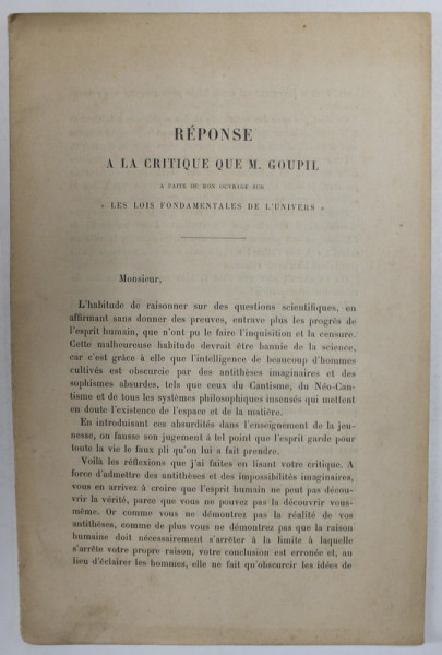 REPONSE A LA CRTIQUE QUE M. GOUPIL A FAITE DE MON OUVRAGE ...par PRINCE GRIGORI STOURDZA , IASI , 1892