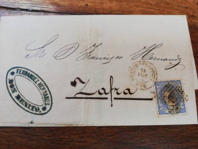 Plic circulat Spania, 15 mils, In Zafra, cca 1870, stare foarte buna, rar foto