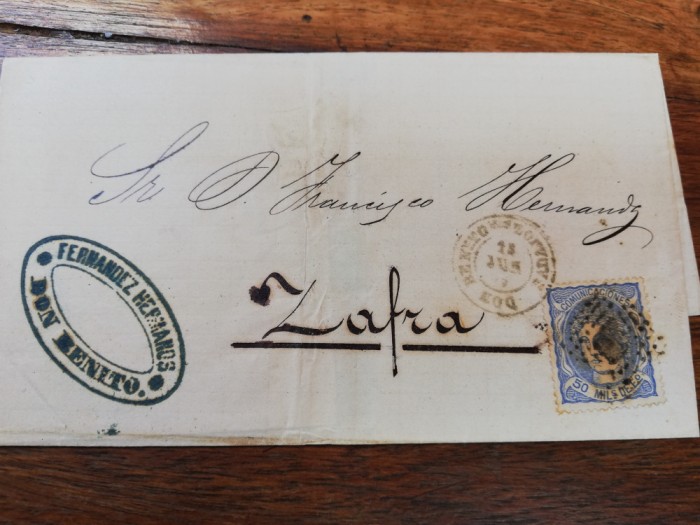 Plic circulat Spania, 15 mils, In Zafra, cca 1870, stare foarte buna, rar