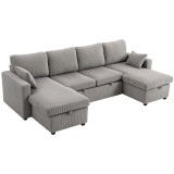 HOMCOM Canapea Extensibilă Modernă &icirc;n Formă de U și Spații de Depozitare, Catifea Reiată, 282x140x86 cm, Gri | Aosom Romania