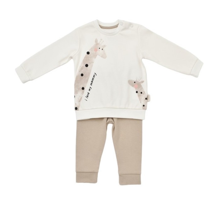 Set bluzita cu maneca lunga si pantaloni lungi Girafa, BabyCosy, 100% bumbac organic, Ecru (Marime: 3-6 Luni)