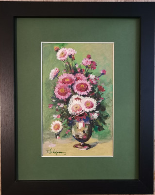 Tablou Natura statica Vas cu Flori Ochiul Boului pictura ulei inramat 33x41cm foto