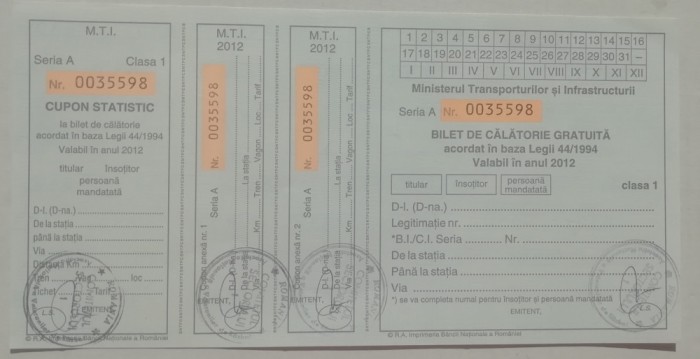 QW13 10 - 2012 - militar - document transport gratuit pentru militari - clasa I