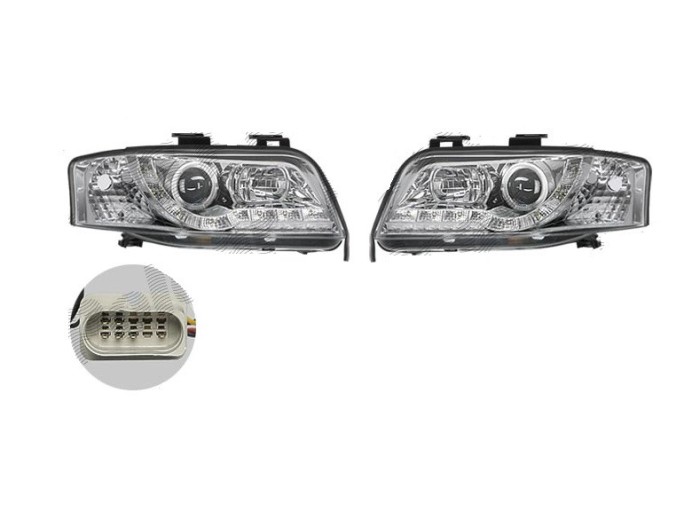 Set faruri tuning AUDI A6 (C5), 06.2001-01.2005, Taiwan, partea stanga+dreapta, pozitie pe LED;tip bec H1+H1; electric; transparent, argintiu; cu mot