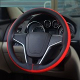 Cumpara ieftin Husa volan din PIELE NATURALA NEAGRA CU DUNGA ROSIE, pentru autoturisme, diametru 37 &ndash; 39 cm, cu ac si ata (se coase, aspect ORIGINAL)