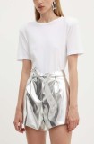 Never Fully Dressed pantaloni scurti Vegan Leather femei, culoarea argintiu, neted, high waist, NFDTR336