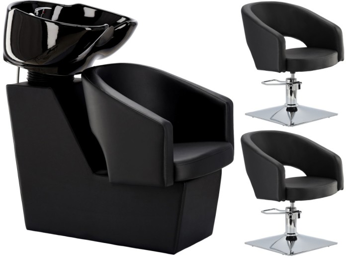 Set Scafă coafor profesională unitate de spălare model Greta + 2 x scaune de coafură hidraulic pivotant pentru picioare și accesorii bol ceramic