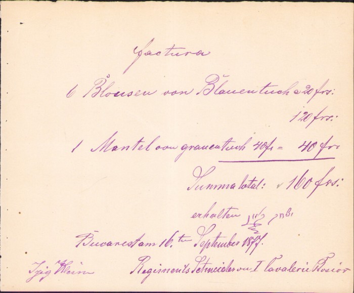 HST A298 Factură 1877 croitor Regimentul 1 Roșiori