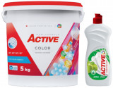 Cumpara ieftin Detergent pudra pentru rufe colorate Active, galeata 5kg, 65 spalari + Detergent de vase lichid Active, 0.5 litri, mar