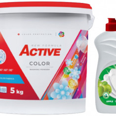 Detergent pudra pentru rufe colorate Active, galeata 5kg, 65 spalari + Detergent de vase lichid Active, 0.5 litri, mar