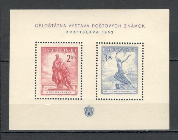 Cehoslovacia.1952 Expozitia filatelica BRATISLAVA-Bl. XC.215