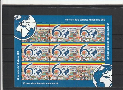 ROMANIA 2015 2088 c 70 DE ANI DE LA INFIINTAREA ONU MINICOALA DE 8 TIMBRE SI 2 VINIETE DIFERITE MNH NESTAMPILATA foto