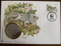 noua zeelanda - reptile - iguana - FDC cu medalie, fauna wwf