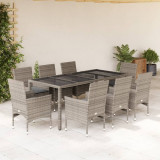 Set mobilier de gradina cu perne 9 piese gri poliratan sticla