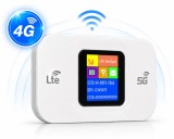 Modem WIFI de buzunar 4/5G LTE, ambrasmart, Alb, Cu baterie si sloturi de card, Conexiune multipla, Ecran LCD, Type C
