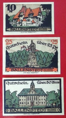 Germania lot 3 notgeld 10 + 25 + 50 Pfennig 1921 Ballenstedt ** foto