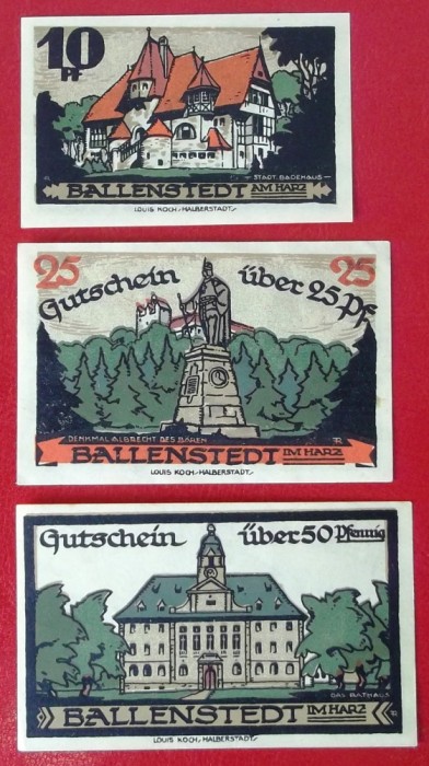 Germania lot 3 notgeld 10 + 25 + 50 Pfennig 1921 Ballenstedt **
